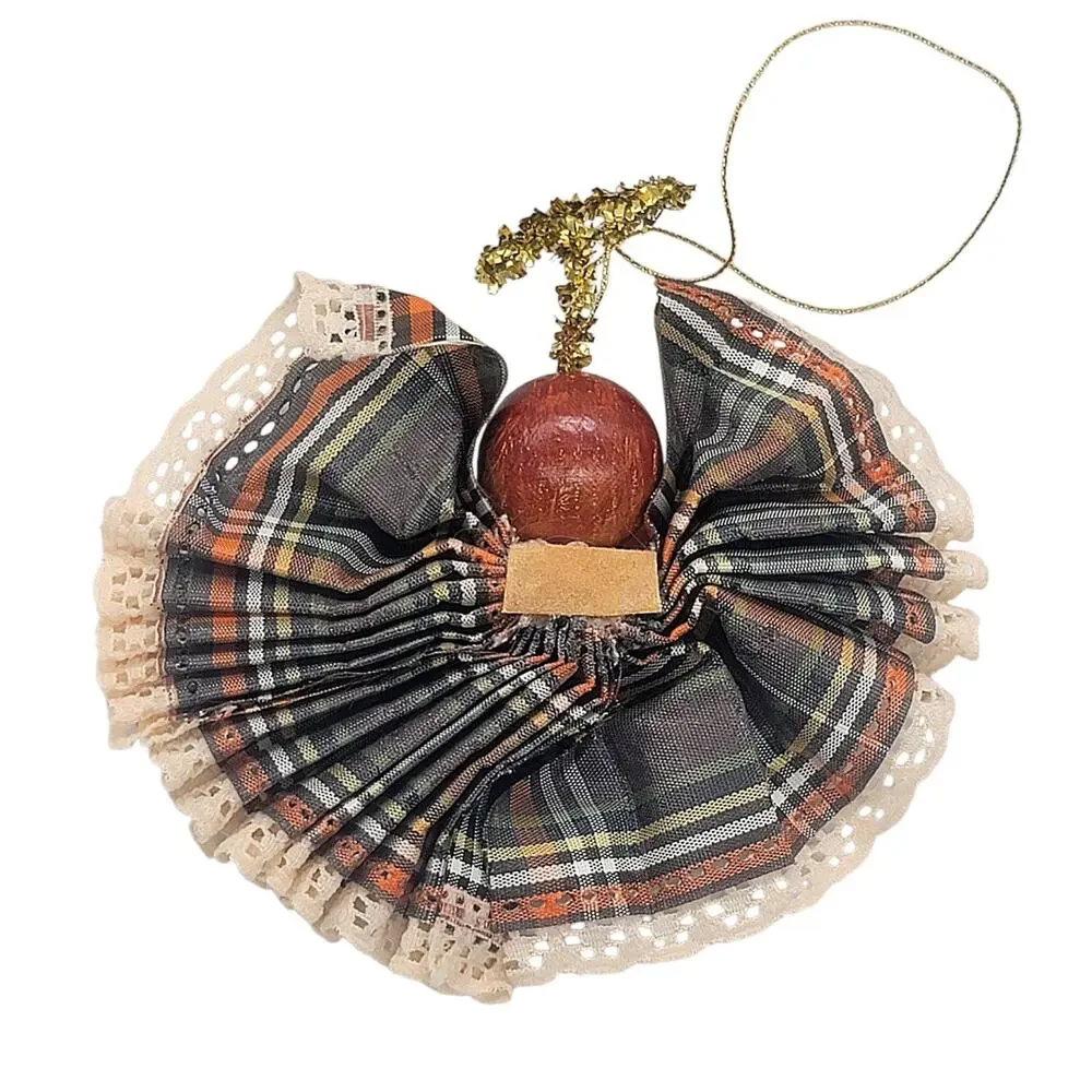 Vintage Handmade Angel Folded Plaid Ribbon And Lace Wood Christmas Ornament